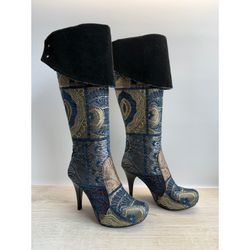 TurkishSoul Blue Gold Patchwork Brocade Tapestry Knee High Stiletto Heel Boots
