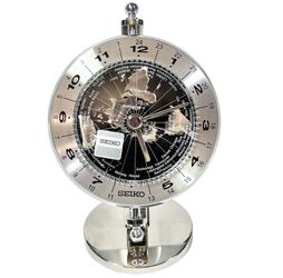 Seiko World Time Globe Desk Table Clock Silver-Tone QHG106S New