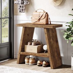 2 Tier Solid Wood End Table for Living Room, Narrow Small Side Table