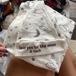 Love You To The Moon & Back Swaddle Blanket And Beanie 