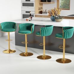 ABET Gold Bar Stools Set of 4, Velvet Woven Barstools, & Apeaka Velvet Accent Chair Green