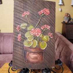 Vintage Signed Texture Painting on Wood Plank of Geraniums