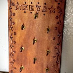 Vintage Handmade Key Hook Rack. Leather And Wood. Brass Hooks 