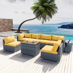 Collection 8 pcs Outdoor Patio Wicker Sectional with Rectangular Fire Pit Gray Wicker and Ice Champagne Bucket