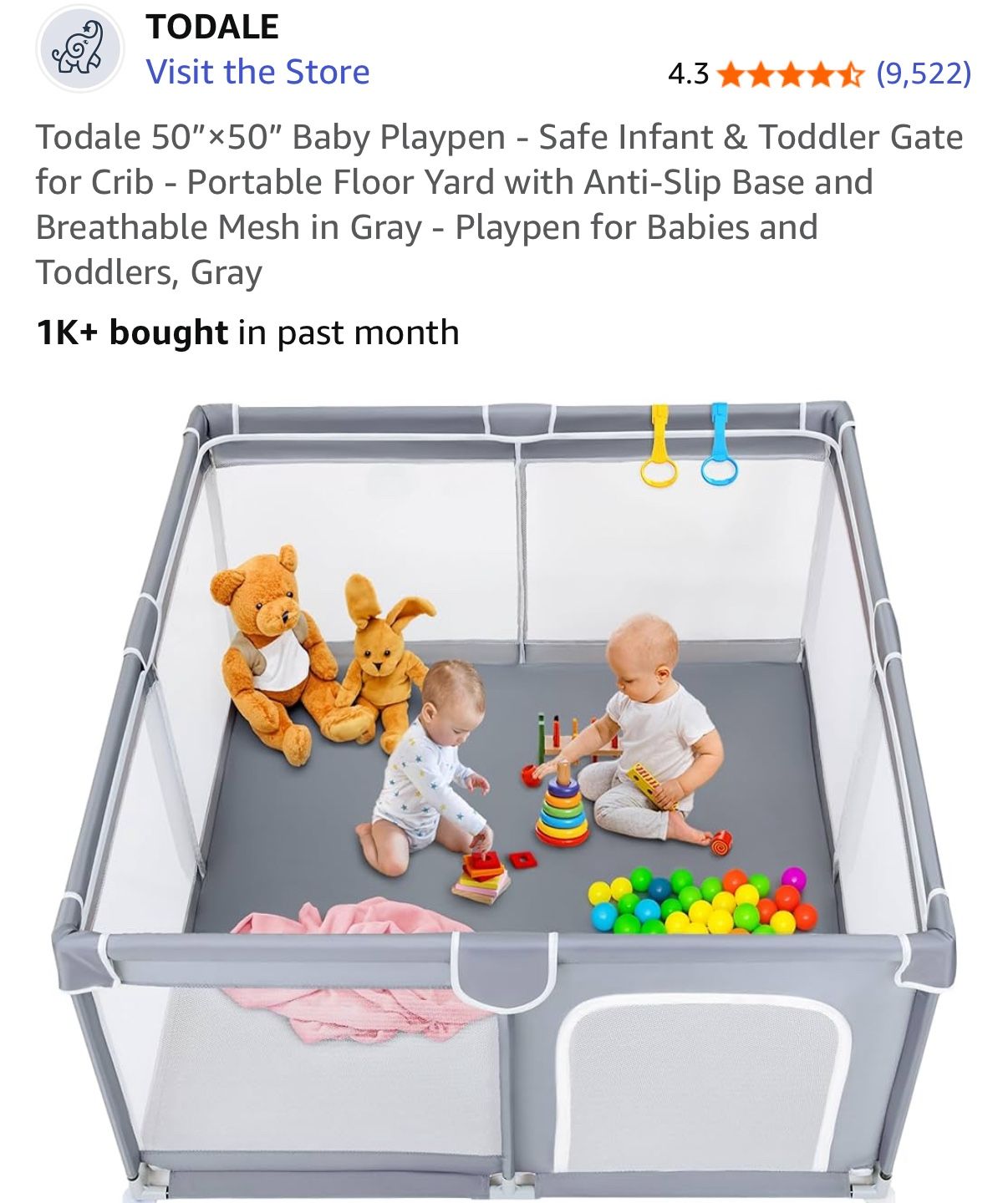 Todale 50”×50” Baby Playpen - Safe Infant & Toddler Gate for Crib - Portable Floor Yard with Anti-Slip Base and Breathable Mesh in Gray - Playpen USED