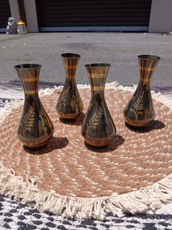 Set of 4 Dark brass Bud Vases with Gold Floral Design