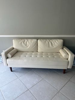 Mid-Century Modern Cream Leather Sofa