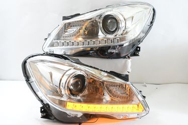 12-15 MERCEDES C180 C250 C300 C350 C63 CHROME HOUSING AND CLEAR DRL LED PROJECTOR HEADLIGHTS