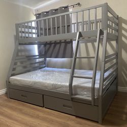 NEW!!✨Gray Twin/Full Bunk Bed w/Drawers (Mattress is not Included)✨Easy Pay Options✨Delivery Express✨
