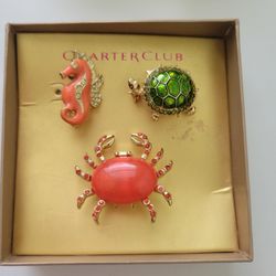 Charter Club Brooch Pin Lauren Conrad LC Ocean Boxed Set Crab Seahorse & Turtle 