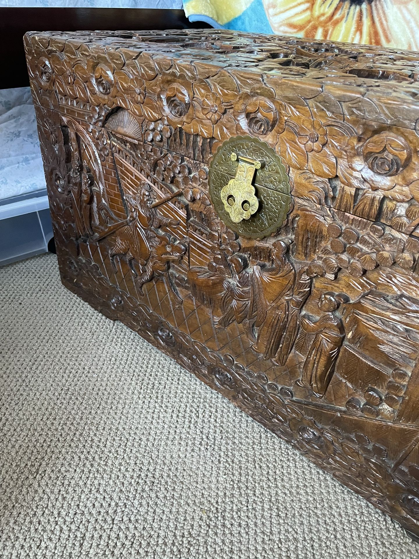 Vintage Chinese Carved Camphor Wood Hope Chest with Glass Cover 40x20x20