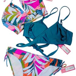 XHILARATION 3 PIECE TROPICAL BIKINI BOTTOM WITH LACE UP HALTER TOP AND TEAL WRAP BRALETTE SWIMSUIT SET