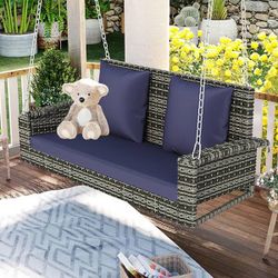 2-Person Wicker Hanging Porch Swing With Chains, Cushion, Pillow, Rattan Swing Bench For Garden [NEW]