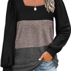 🆕️🏷 WIHOLL Tunic Top Loose Fit Long Sleeve Shirt Square Neck - L