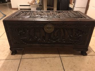 Antique Chinese Hard Carved Teak Trunk