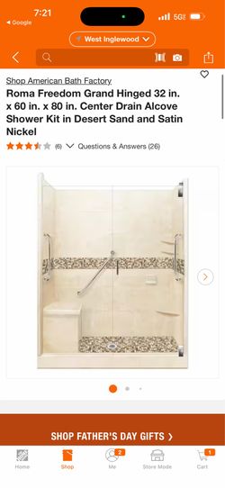 American Bath Factory. Roma Freedom Grand Hinged 32 in. × 60 in. x 80 in. Center Drain Alcove Shower Kit in Desert Sand and Satin Nickel
