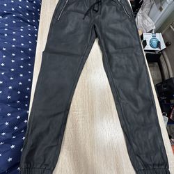 Black faux leather joggers