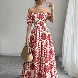 Rafferiza Fiesta Women's Summer Off Shoulder Bow Back Dress Floral Print White Floral,Boho, Dress