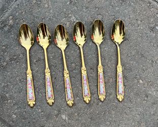 Vintage Gold Plated Teaspoons Set of 6, Porcelain Floral Handle Spoons, Roses