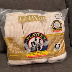 Vtg Y2K Player's Club Men's Athletic Cushion Crew Socks 12 Pair White USA 6.5-12