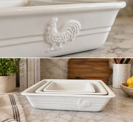 Vintage Sur La Table White Ceramic Rooster Baking Dishes – Set of 3 Nesting Oven-to-Table Bakers
