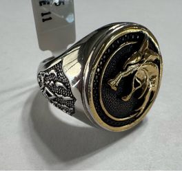 Men's Size 11 Wolf / Dragon Emblem Signet Ring – S925 Sterling Silver Two-Tone Signet