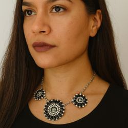 ALDO Chunky silver-tone statement necklace black rhinestone crystal flowers