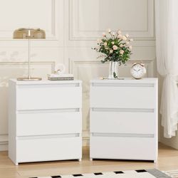 White Nightstand with 3 Drawers Set of 2, Sofa Table for Living Room, Modern Woo