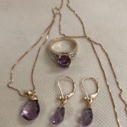 (4) PCS. GORGEOUS 10k GOLD & AMETHYST JEWELRY, 8.5 Grams Total Weight.