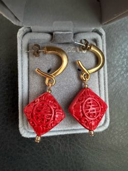 Vintage Chinese Carved Cinnabar Longevity Earrings - Gold Tone J-Hoops