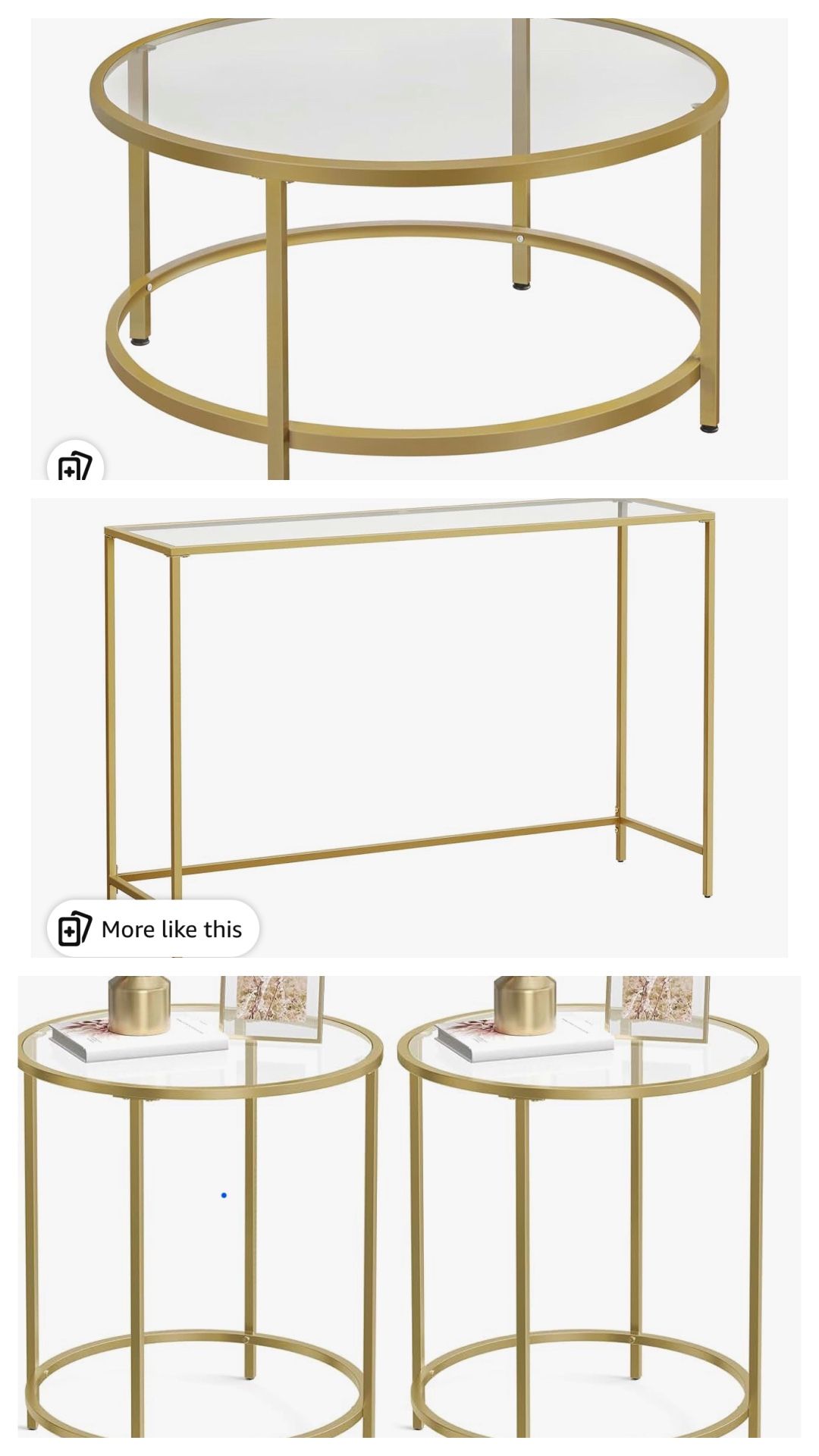 Gold Glass Coffee, Console, Side Table 4 Piece