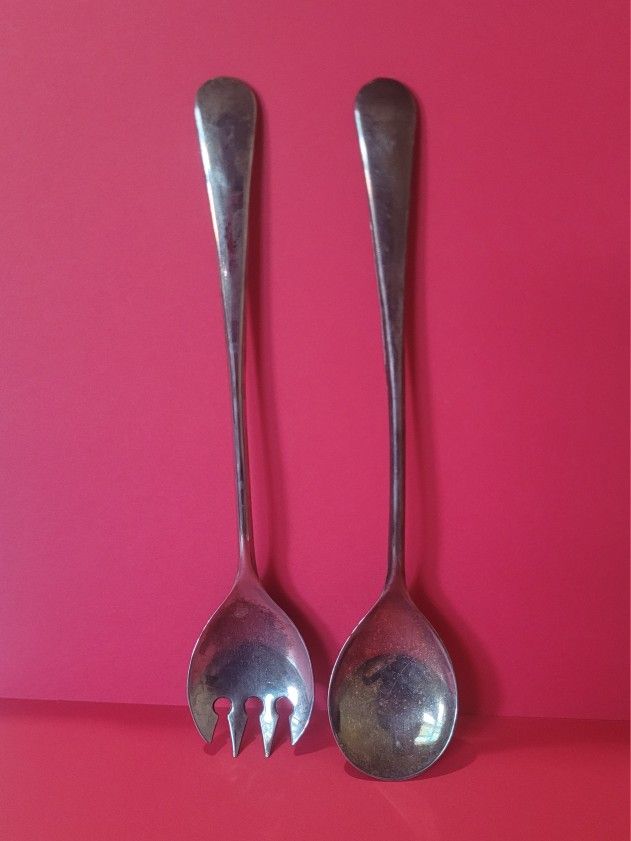 Vintage Set Salad Serving Spoon & Fork Silver Plated Lot Long 9 1/4" ITALY