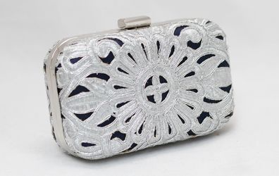 Silver Floral Lace Evening Clutch Bag