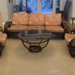 MidCentury Pretzel Rattan Sofa & Chairs Set