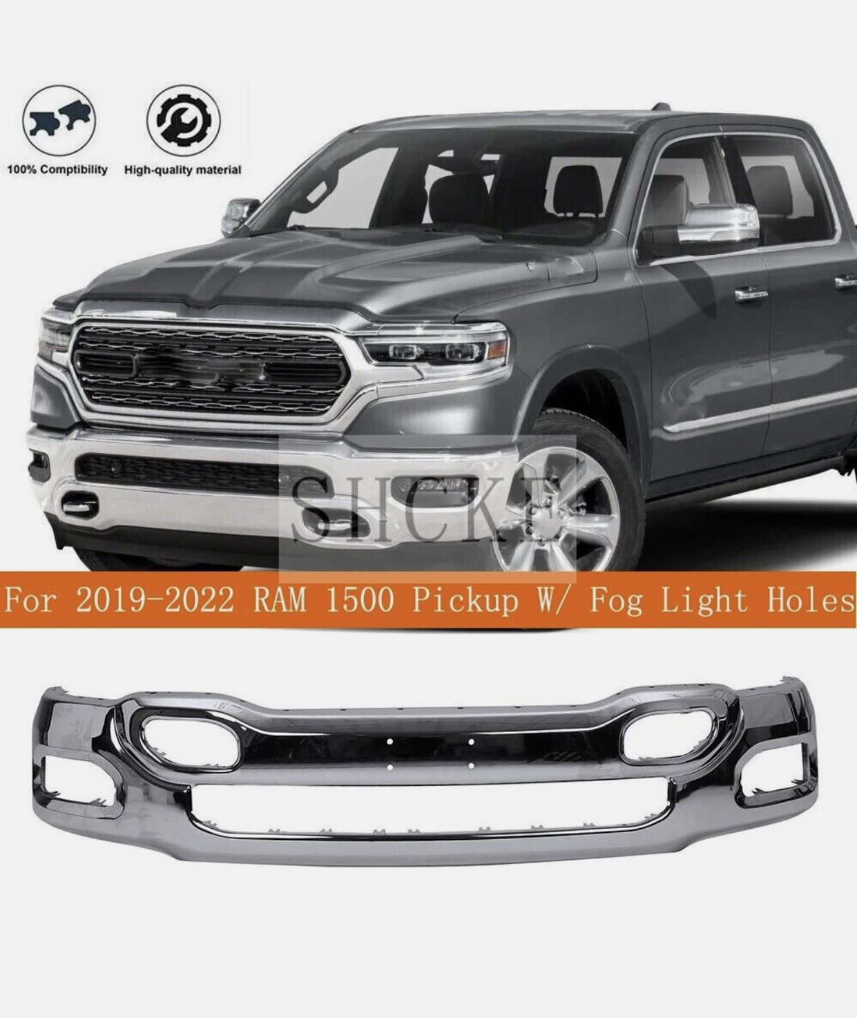 Chrome -Steel Front Bumper Face Bar For 2019-2022 RAM 1500 Pickup