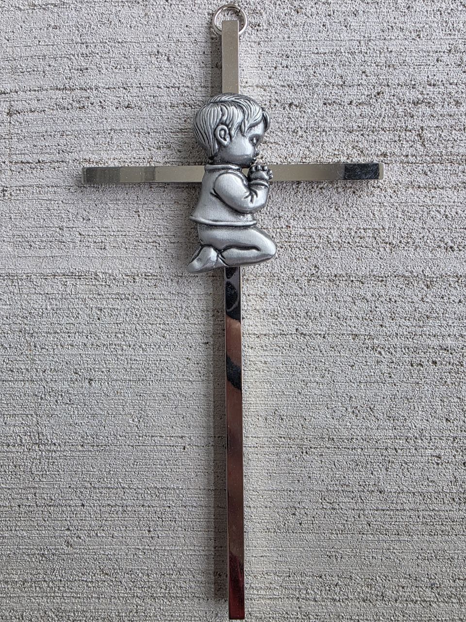Vintage Tryuunion Praying Boy Wall Cross – Silver Tone Metal – 7” Religious Nursery Decor