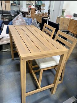 Assembled New 3 Pieces Outdoor Patio Counter Height Dining Set Acacia Wood Bar Table a