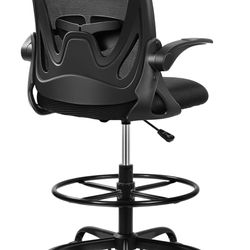 Primy Drafting Chair Tall Office Chair with Flip-up Armrests Executive Ergonomic Computer Standing Desk Chair with Lumbar Support and Adjustable Footr