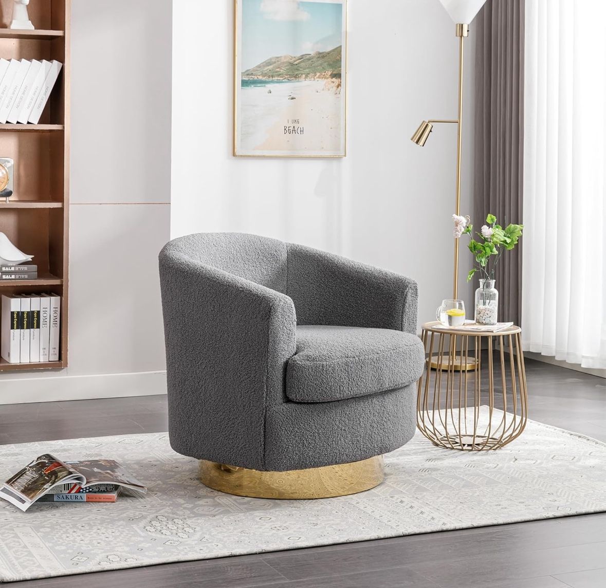 31” Gray Boucle Swivel Accent Barrel Chair with Gold Stainless Steel Base [NEW]
