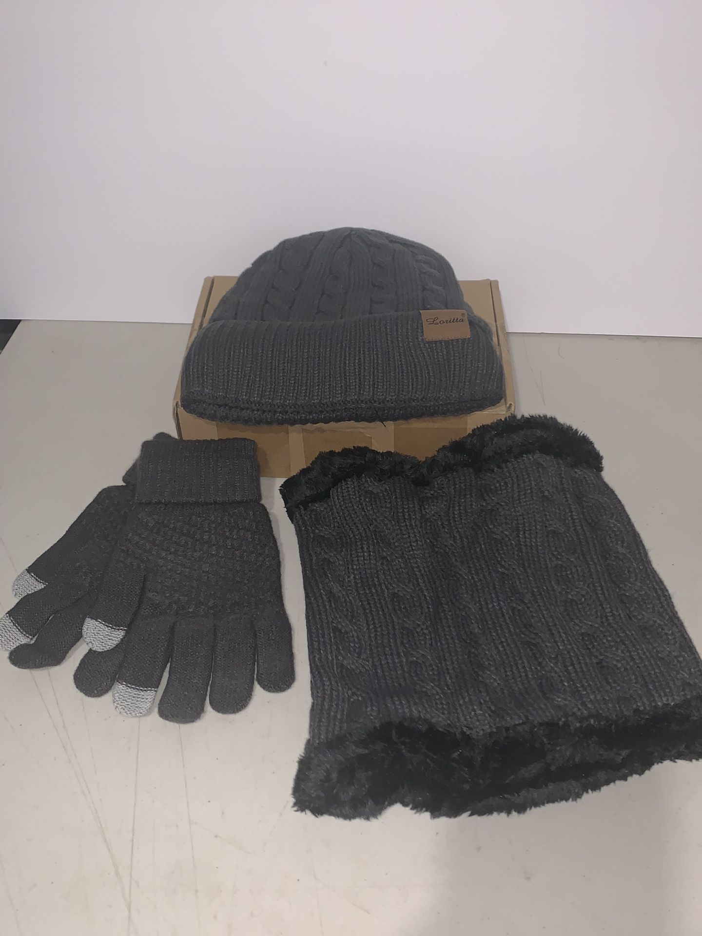 3 Piece Dark Gray Winter Beanie Hat Scarf Gloves Set for Women NEW
