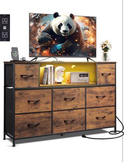 WLIVE TV Stand for 45, 50, 55 inch TV, Entertainment Center with LED Lights & Charging Station, TV Media Console Table with 8 Fabric Drawers and Open 