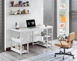 48 Inch Small Computer Desk with Power Outlets & USB Charging Port, Home Table with Storage Shelves, Student Laptop PC Desks for Small Spaces Home Off