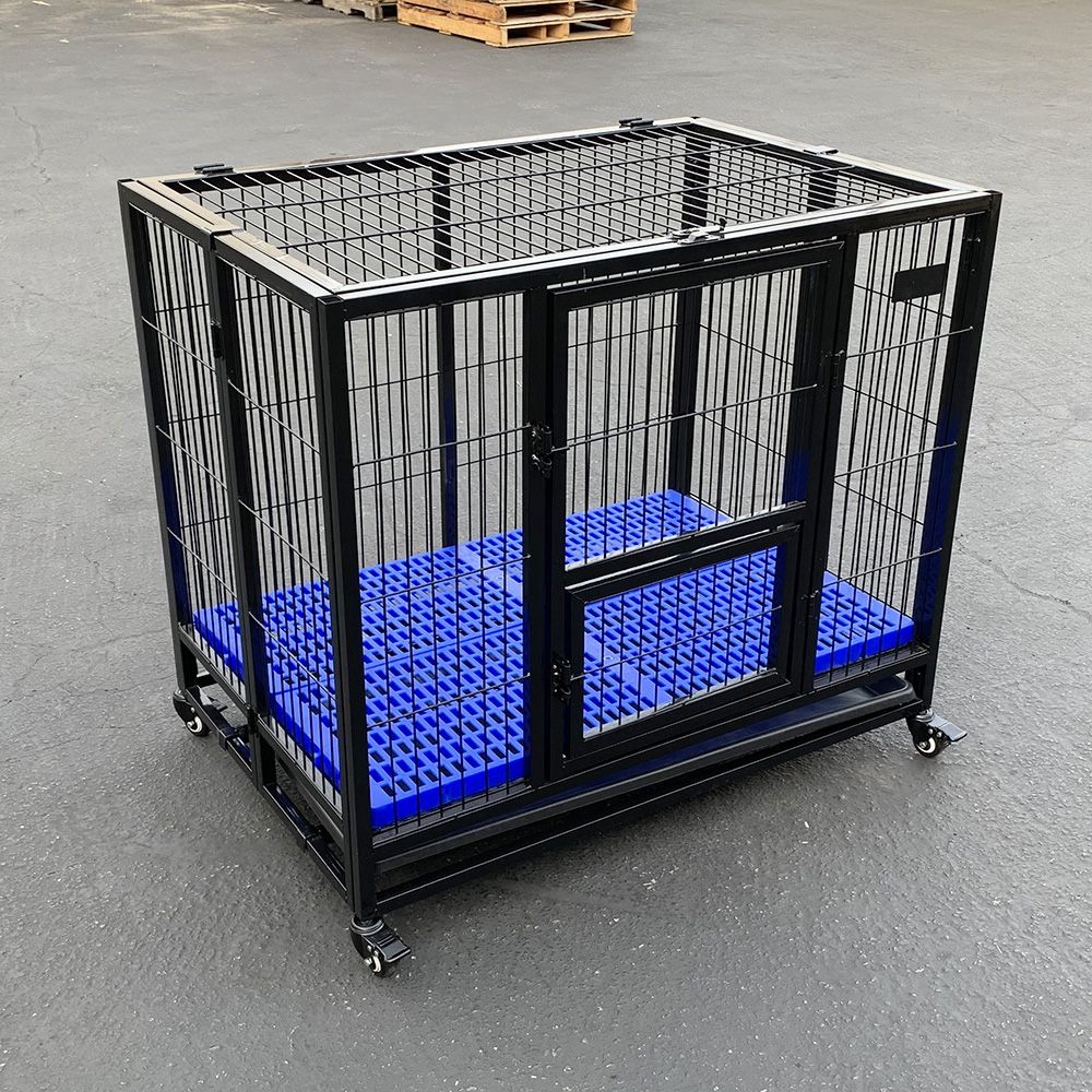 New in Box $130 Heavy Duty Dog Cage 37x25x33” Single Door Folding Crate Kennel with Plastic Floor & Tray
