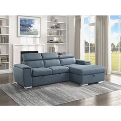 Brand New 98" x 65" Blue Chenille Secrional With Pullout Bed And Storage Chaise
