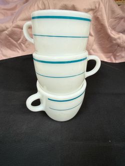 Vintage Pyrex Teal Stripe Milk Glass Mugs Set of 3 – #723