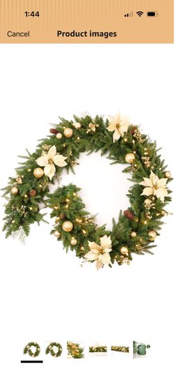 Pre-lit 9ft Christmas Garland with Gold Berries and Balls,Pine Cone,Golden Flower and 50 Battery Operated Soft White LED Lights with Timer,Artificial 