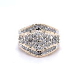 10K Yellow Gold Natural Diamond Cluster Ring | Round & Baguette 1.04 TCW, G-H I1-I2, Size 5