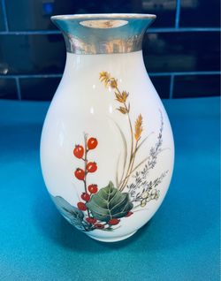 Antique German fine silver overlay rim porcelain vase by Gebruder Deyle