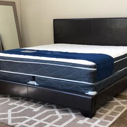 Brand New Black King Size Leather Bed Frame With New 12.5 Inch Pillow Top Mattress/Fast Delivery