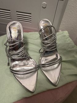 Silver Strappy Pointed-Toe Heeled Sandals